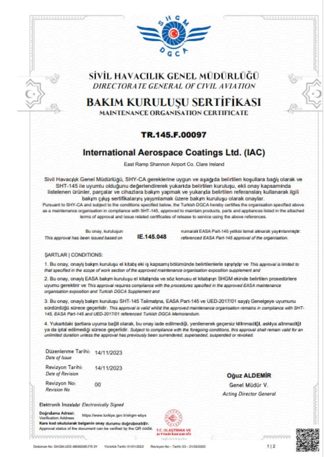 IAC Approvals Turkish DGCA